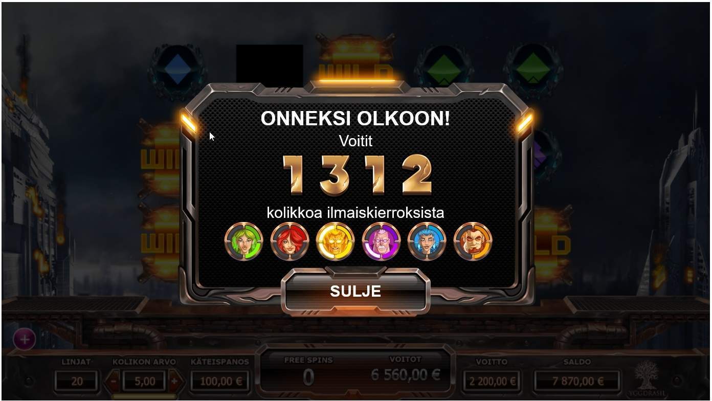 Onneksi olkoon! Voitit 1312 kolikkoa ilmaiskierroksista.